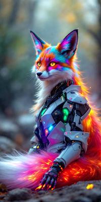 The primary subject of the image is a colorful, rainbow-colored fox with a unique, futuristic appearance. The fox is wearing a suit that is covered in colorful lights, giving it a whimsical and eye-catching look. The setting is a forest, with trees visible in the background. The visual style of the image is a combination of photo and digital art, creating a striking and imaginative scene. The colors and mood of the image are vibrant and lively, with